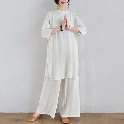 Mythstone 2Pcs Plain Design Zen Tai Chi Meditation Clothing Cotton Linen Top Pants Women's Set