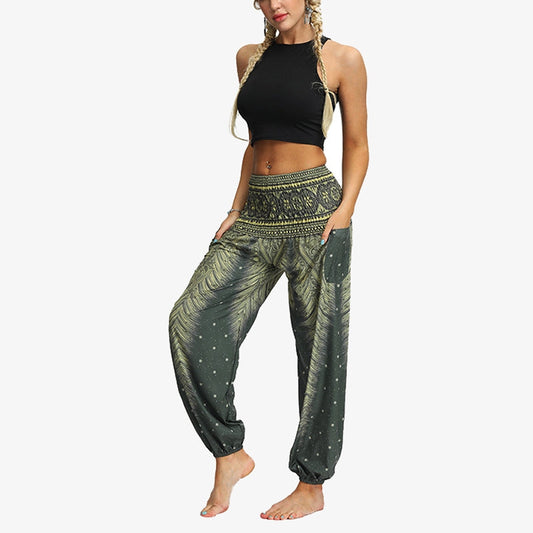 Mythstone Feather Print Hippie Baggy Trousers Boho High Waist with Pockets Women's Yoga Pants