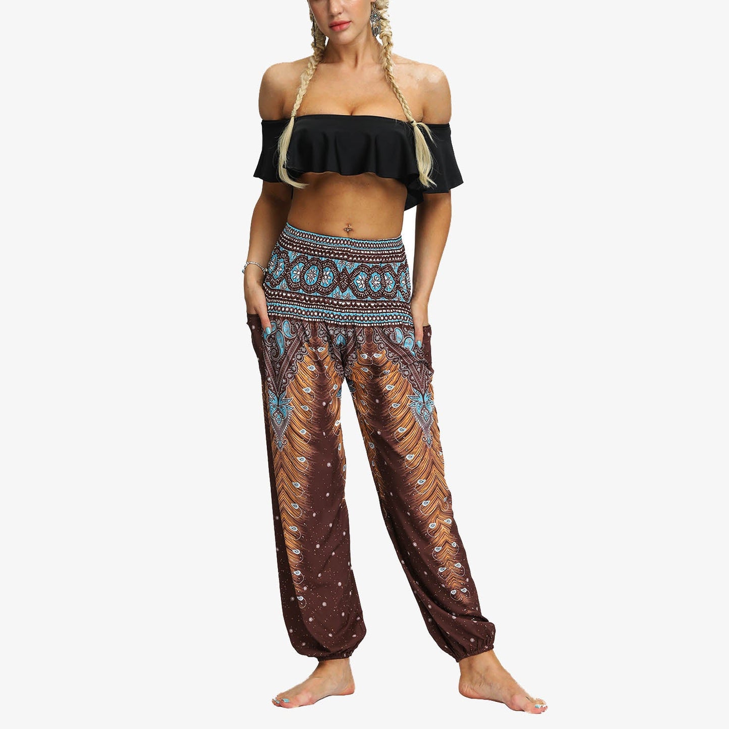 Mythstone Feather Print Hippie Baggy Trousers Boho High Waist with Pockets Women's Yoga Pants