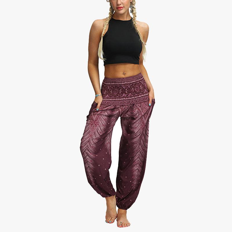 Mythstone Feather Print Hippie Baggy Trousers Boho High Waist with Pockets Women's Yoga Pants