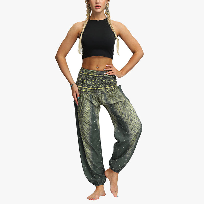 Mythstone Feather Print Hippie Baggy Trousers Boho High Waist with Pockets Women's Yoga Pants