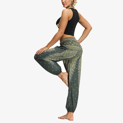 Mythstone Feather Print Hippie Baggy Trousers Boho High Waist with Pockets Women's Yoga Pants