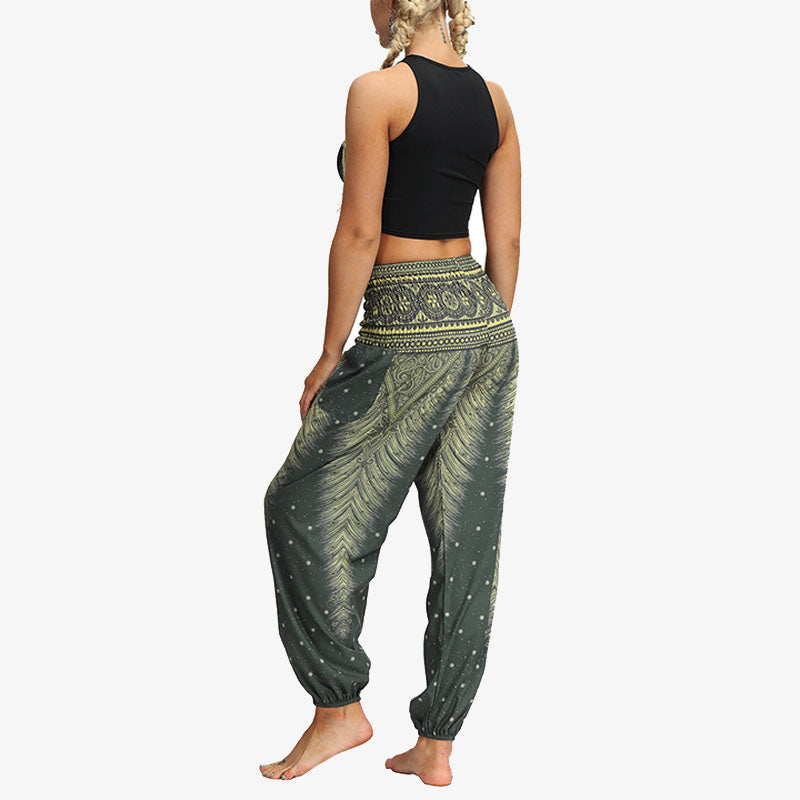 Mythstone Feather Print Hippie Baggy Trousers Boho High Waist with Pockets Women's Yoga Pants