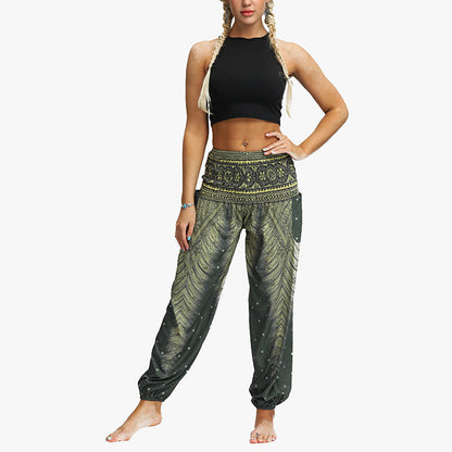 Mythstone Feather Print Hippie Baggy Trousers Boho High Waist with Pockets Women's Yoga Pants