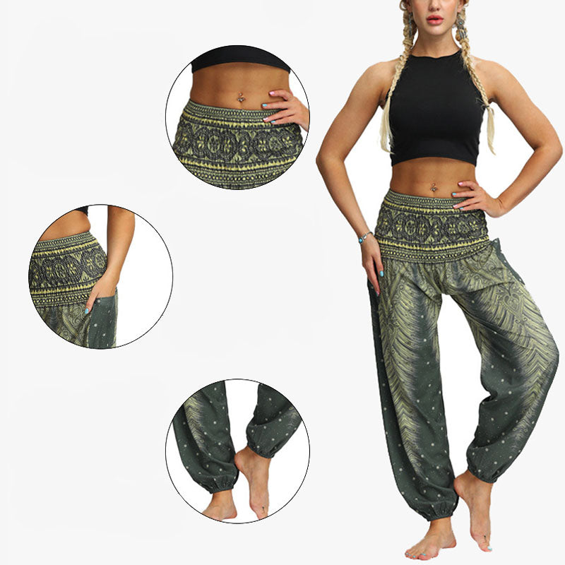 Mythstone Feather Print Hippie Baggy Trousers Boho High Waist with Pockets Women's Yoga Pants