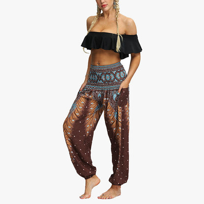 Mythstone Feather Print Hippie Baggy Trousers Boho High Waist with Pockets Women's Yoga Pants