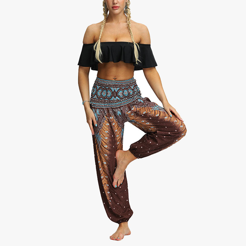 Mythstone Feather Print Hippie Baggy Trousers Boho High Waist with Pockets Women's Yoga Pants