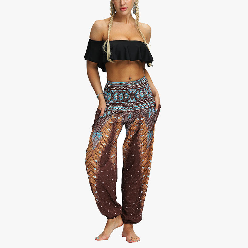 Mythstone Feather Print Hippie Baggy Trousers Boho High Waist with Pockets Women's Yoga Pants