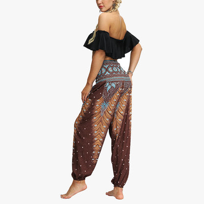 Mythstone Feather Print Hippie Baggy Trousers Boho High Waist with Pockets Women's Yoga Pants