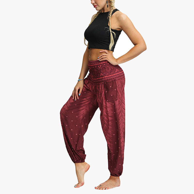 Mythstone Feather Print Hippie Baggy Trousers Boho High Waist with Pockets Women's Yoga Pants