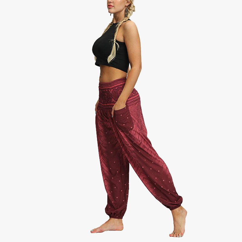 Mythstone Feather Print Hippie Baggy Trousers Boho High Waist with Pockets Women's Yoga Pants