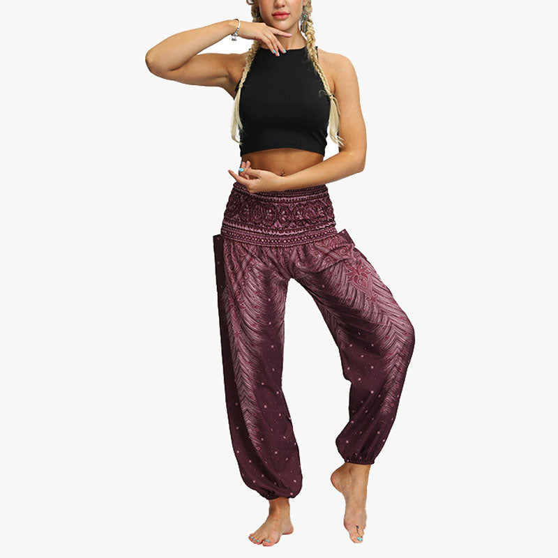 Mythstone Feather Print Hippie Baggy Trousers Boho High Waist with Pockets Women's Yoga Pants