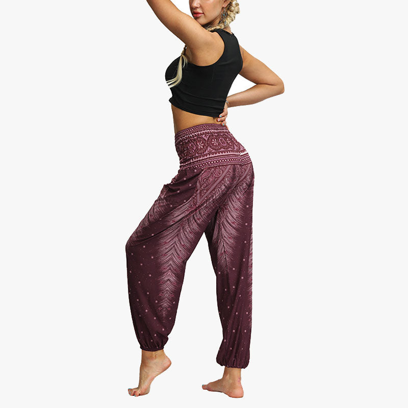 Mythstone Feather Print Hippie Baggy Trousers Boho High Waist with Pockets Women's Yoga Pants