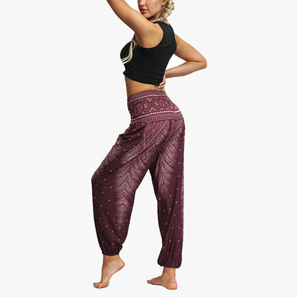 Mythstone Feather Print Hippie Baggy Trousers Boho High Waist with Pockets Women's Yoga Pants