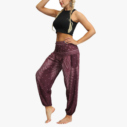 Mythstone Feather Print Hippie Baggy Trousers Boho High Waist with Pockets Women's Yoga Pants