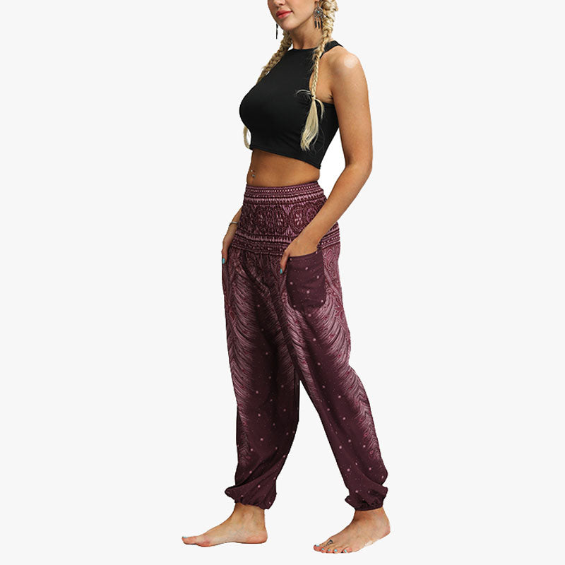 Mythstone Feather Print Hippie Baggy Trousers Boho High Waist with Pockets Women's Yoga Pants