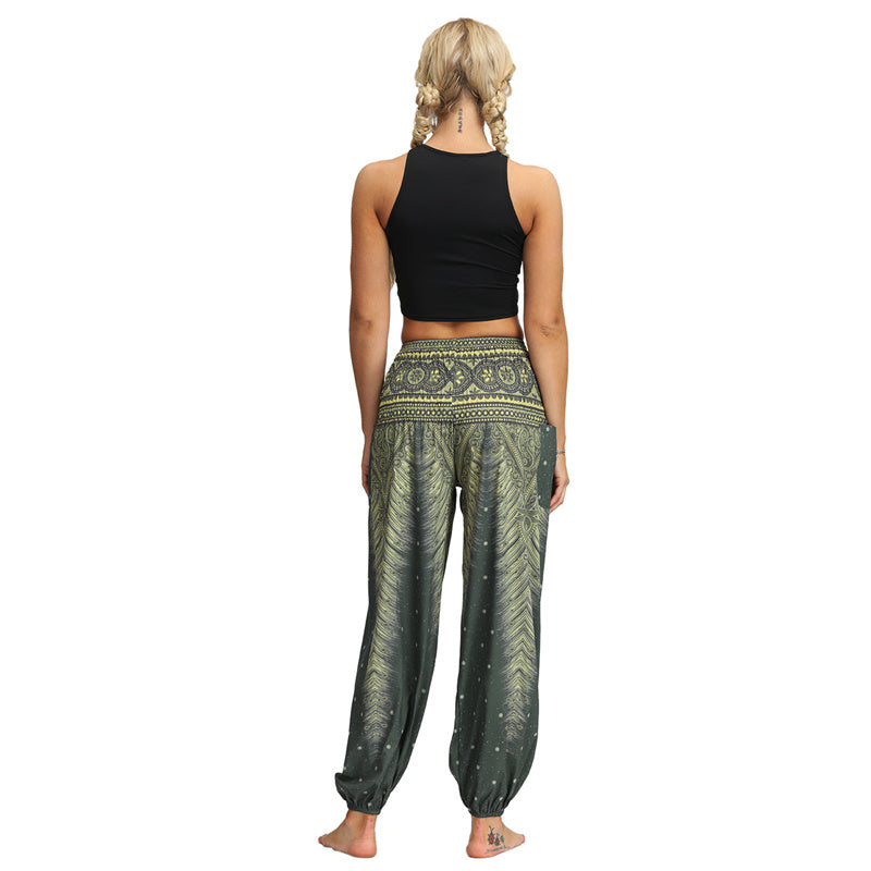 Mythstone Feather Print Hippie Baggy Trousers Boho High Waist with Pockets Women's Yoga Pants