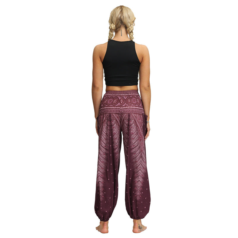 Mythstone Feather Print Hippie Baggy Trousers Boho High Waist with Pockets Women's Yoga Pants