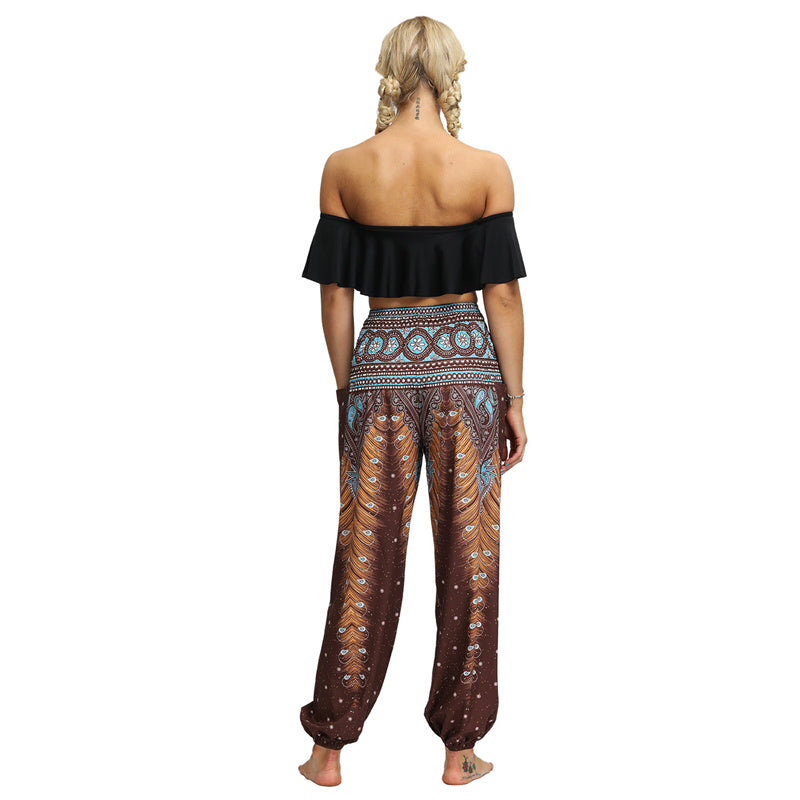 Mythstone Feather Print Hippie Baggy Trousers Boho High Waist with Pockets Women's Yoga Pants