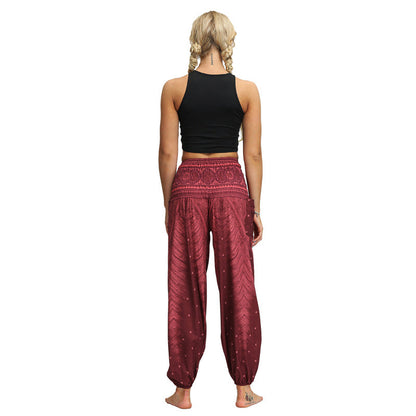 Mythstone Feather Print Hippie Baggy Trousers Boho High Waist with Pockets Women's Yoga Pants