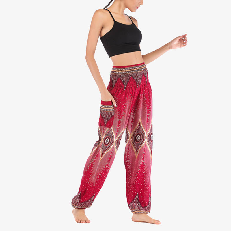 Mythstone Small Eye Peacock Feathers Pattern Loose Smocked Harem Trousers High Waist Women's Yoga Pants