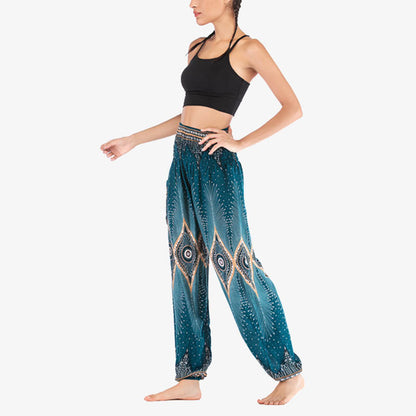 Mythstone Small Eye Peacock Feathers Pattern Loose Smocked Harem Trousers High Waist Women's Yoga Pants