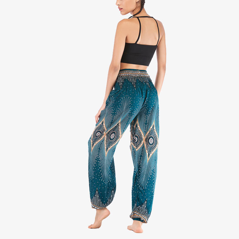 Mythstone Small Eye Peacock Feathers Pattern Loose Smocked Harem Trousers High Waist Women's Yoga Pants