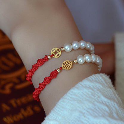 Mythstone 14K Gold Plated Pearl Bead Luck Protection Braid Red String Bracelet