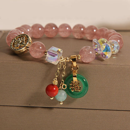 Mythstone Strawberry Quartz Jade Fu Character Charm Healing Bracelet