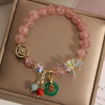 Mythstone Strawberry Quartz Jade Fu Character Charm Healing Bracelet