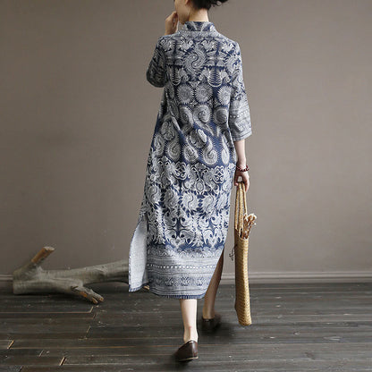 Mythstone Blue And White Porcelain Pattern Frog-button Midi Dress Three Quarter Sleeve Linen Batik Dress With Pockets