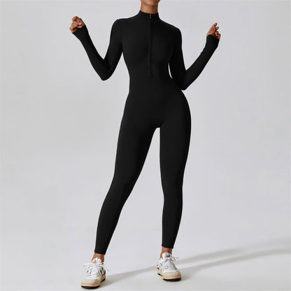 Mythstone Women Zipper Long Sleeve Shapewear Jumpsuit Sports Fitness Yoga Bodysuit