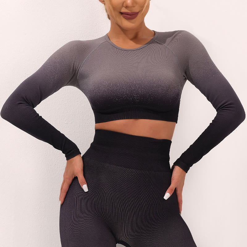 Mythstone Gradient Long Sleeve Crop Top Tee Bra Leggings Pants Fitness Yoga Outfit