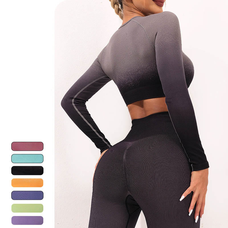 Mythstone Gradient Long Sleeve Crop Top Tee Bra Leggings Pants Fitness Yoga Outfit