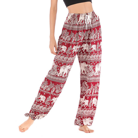 Mythstone Boho Loose Elephant Pattern Harem Trousers Women's Yoga Pants