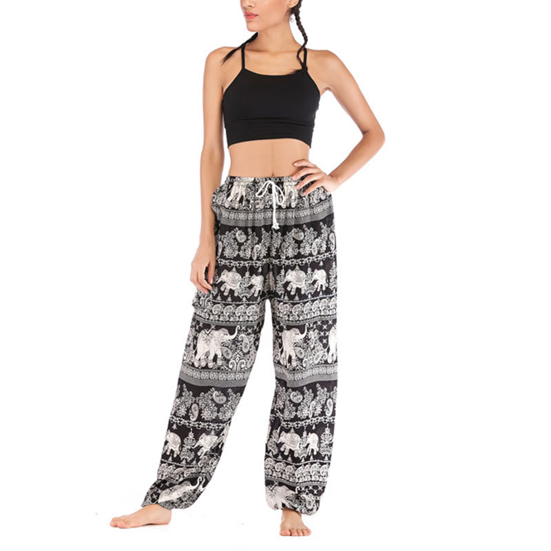 Mythstone Boho Loose Elephant Pattern Harem Trousers Women's Yoga Pants