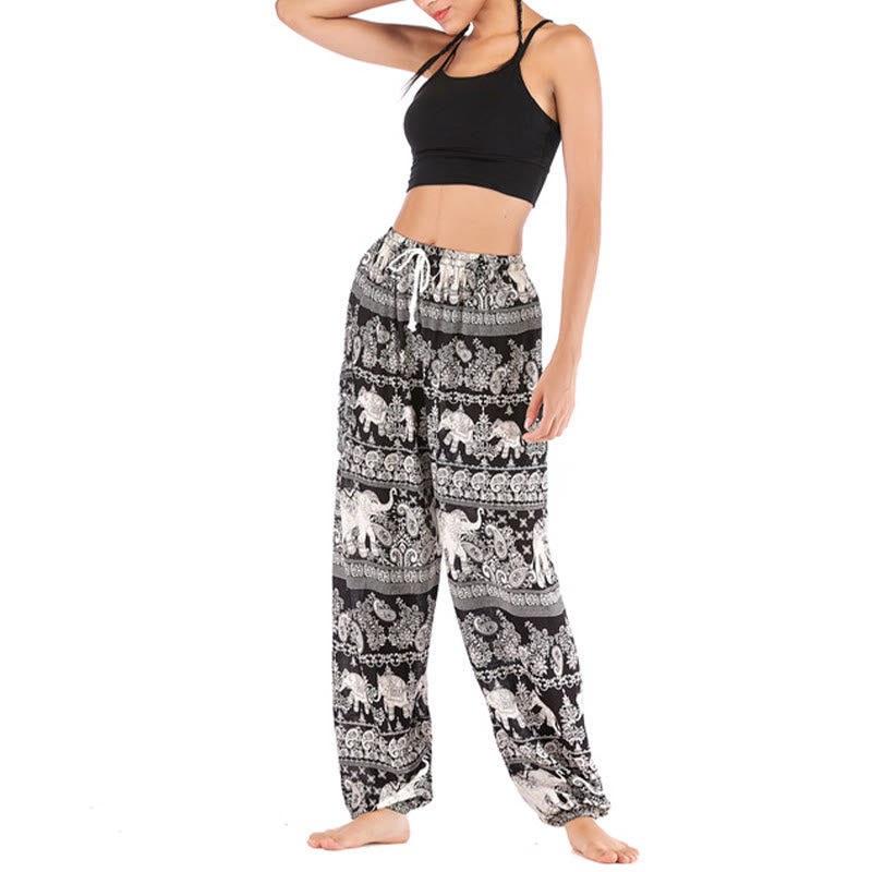 Mythstone Boho Loose Elephant Pattern Harem Trousers Women's Yoga Pants