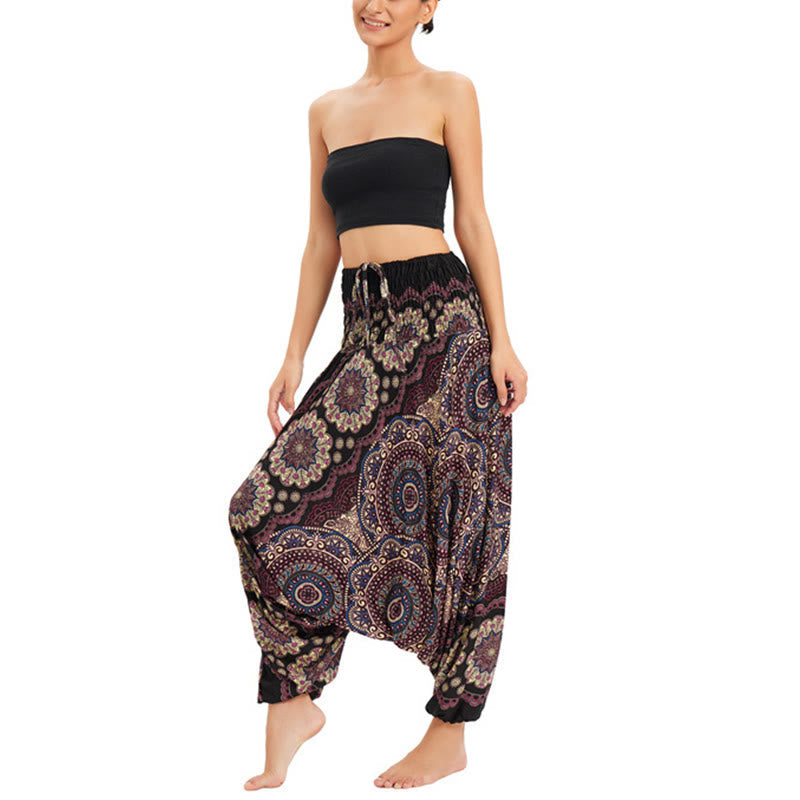 Mythstone Two Style Wear Mandala Flower Pattern Loose Smocked Harem Trousers Jumpsuit High Waist Pants