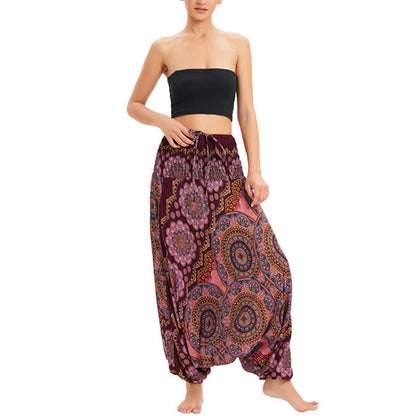 Mythstone Two Style Wear Mandala Flower Pattern Loose Smocked Harem Trousers Jumpsuit High Waist Pants