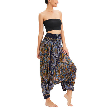 Mythstone Two Style Wear Mandala Flower Pattern Loose Smocked Harem Trousers Jumpsuit High Waist Pants