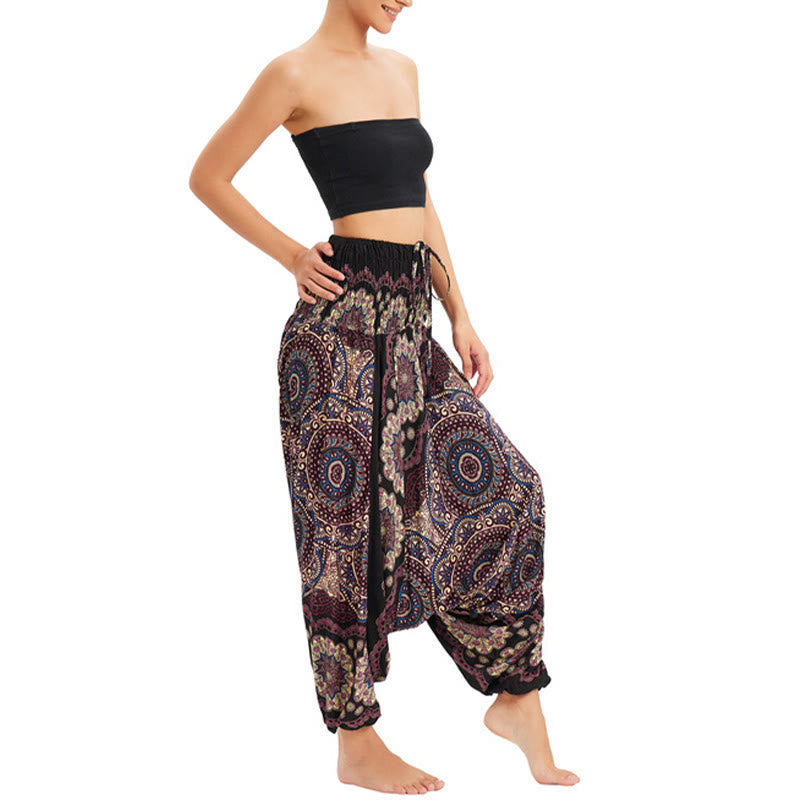 Mythstone Two Style Wear Mandala Flower Pattern Loose Smocked Harem Trousers Jumpsuit High Waist Pants