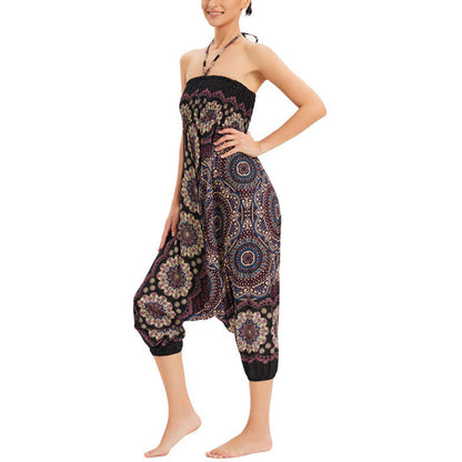 Mythstone Two Style Wear Mandala Flower Pattern Loose Smocked Harem Trousers Jumpsuit High Waist Pants