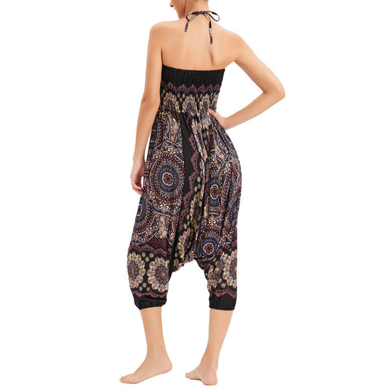 Mythstone Two Style Wear Mandala Flower Pattern Loose Smocked Harem Trousers Jumpsuit High Waist Pants