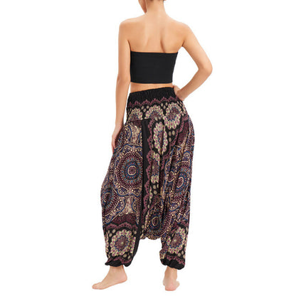 Mythstone Two Style Wear Mandala Flower Pattern Loose Smocked Harem Trousers Jumpsuit High Waist Pants