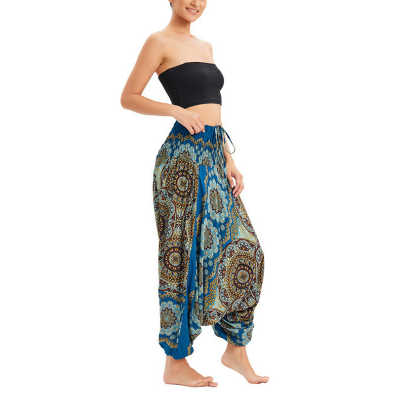 Mythstone Two Style Wear Mandala Flower Pattern Loose Smocked Harem Trousers Jumpsuit High Waist Pants