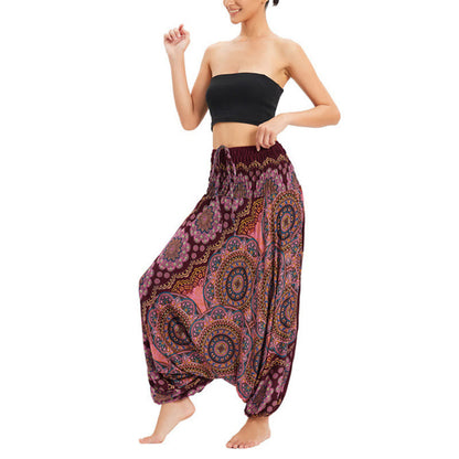 Mythstone Two Style Wear Mandala Flower Pattern Loose Smocked Harem Trousers Jumpsuit High Waist Pants