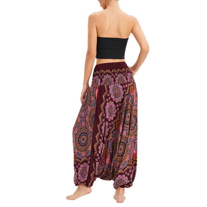 Mythstone Two Style Wear Mandala Flower Pattern Loose Smocked Harem Trousers Jumpsuit High Waist Pants