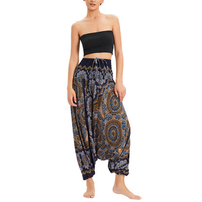 Mythstone Two Style Wear Mandala Flower Pattern Loose Smocked Harem Trousers Jumpsuit High Waist Pants