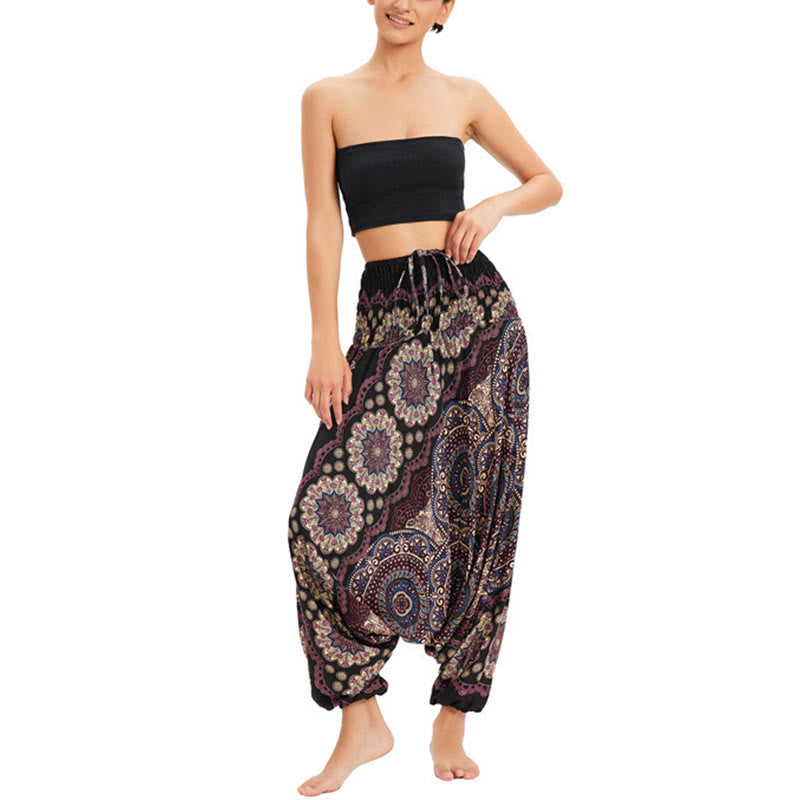 Mythstone Two Style Wear Mandala Flower Pattern Loose Smocked Harem Trousers Jumpsuit High Waist Pants