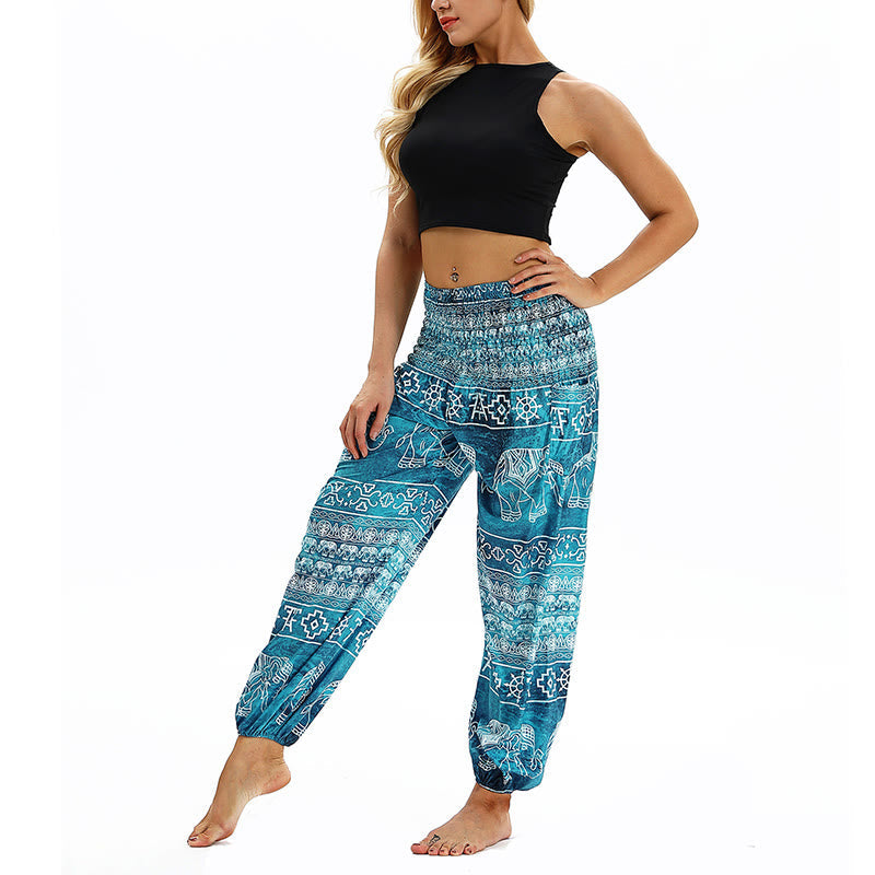 Mythstone Boho Loose Geometric Elephant Pattern Harem Trousers Women's Yoga Pants